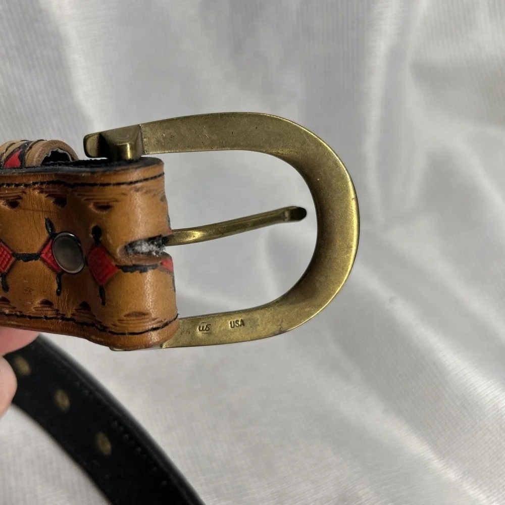 Leather Belt With Red Square Design. Size 36 Made In USA Buckle
